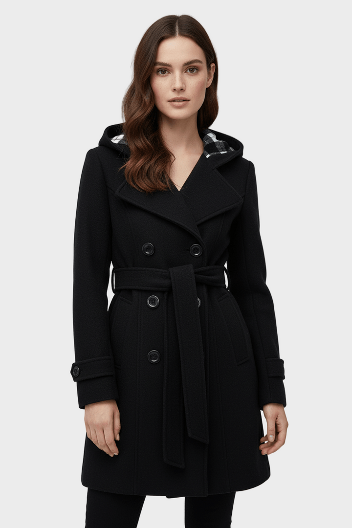 Emily & Isabella Brooks | Women's Double-Breasted Wool Blend Coat with Hood and Waist Belt