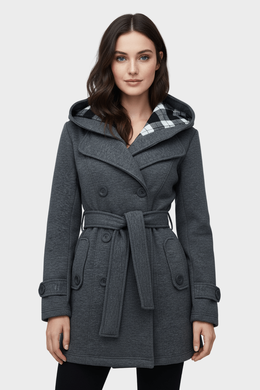 Emily & Isabella Brooks | Women's Double-Breasted Wool Blend Coat with Hood and Waist Belt