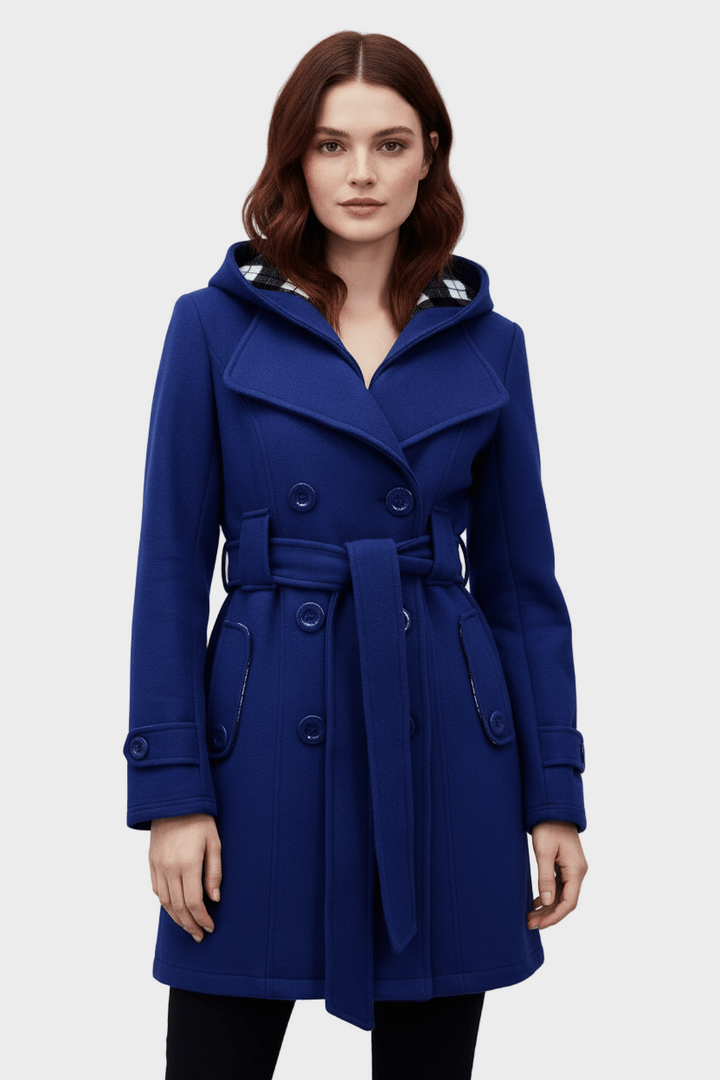 Emily & Isabella Brooks | Women's Double-Breasted Wool Blend Coat with Hood and Waist Belt