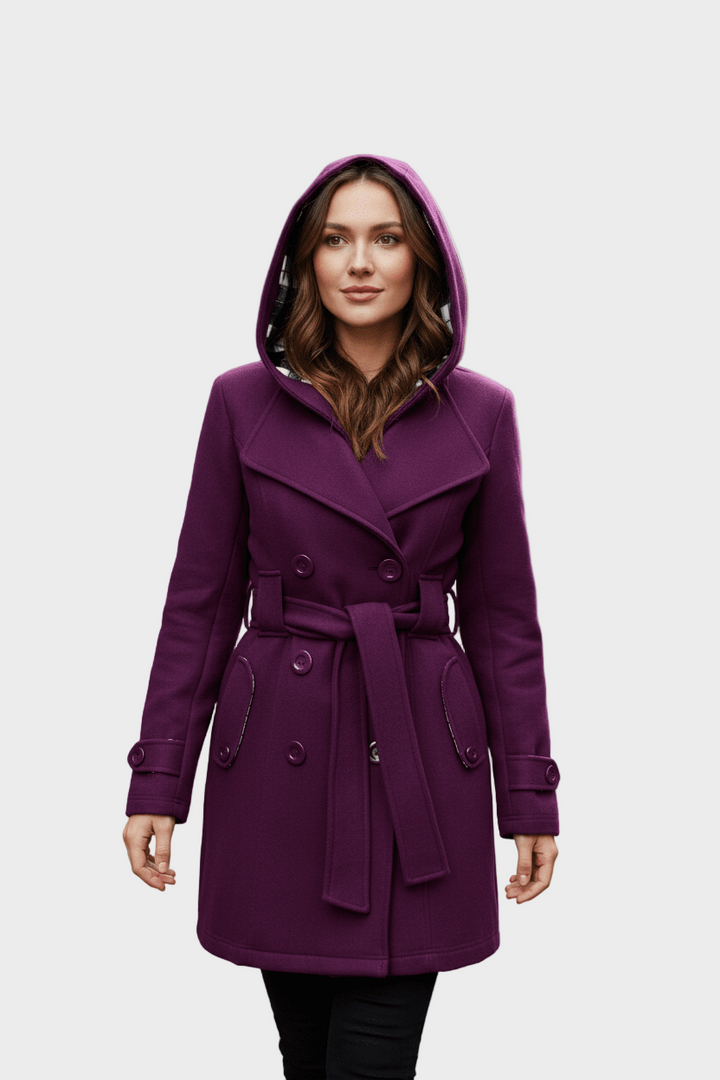 Emily & Isabella Brooks | Women's Double-Breasted Wool Blend Coat with Hood and Waist Belt