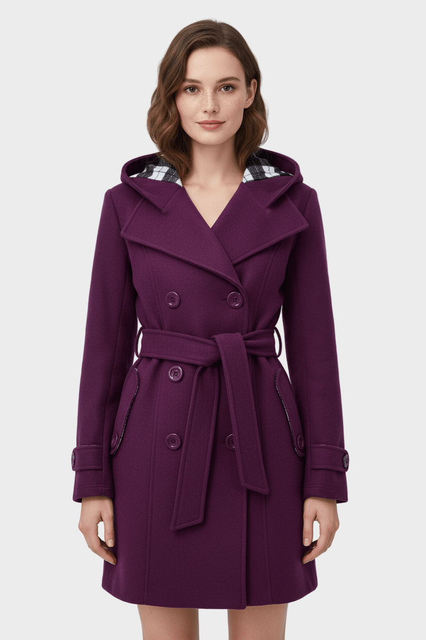 Emily & Isabella Brooks | Women's Double-Breasted Wool Blend Coat with Hood and Waist Belt