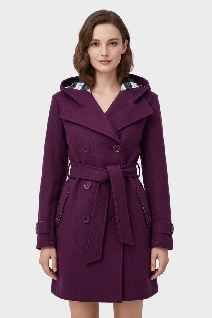 Emily & Isabella Brooks | Women's Double-Breasted Wool Blend Coat with Hood and Waist Belt