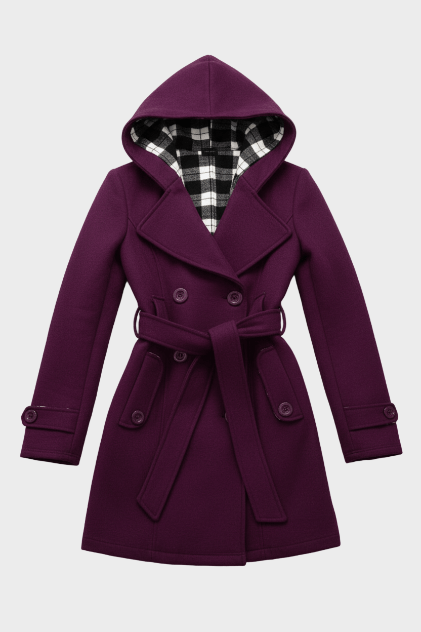 Emily & Isabella Brooks | Women's Double-Breasted Wool Blend Coat with Hood and Waist Belt