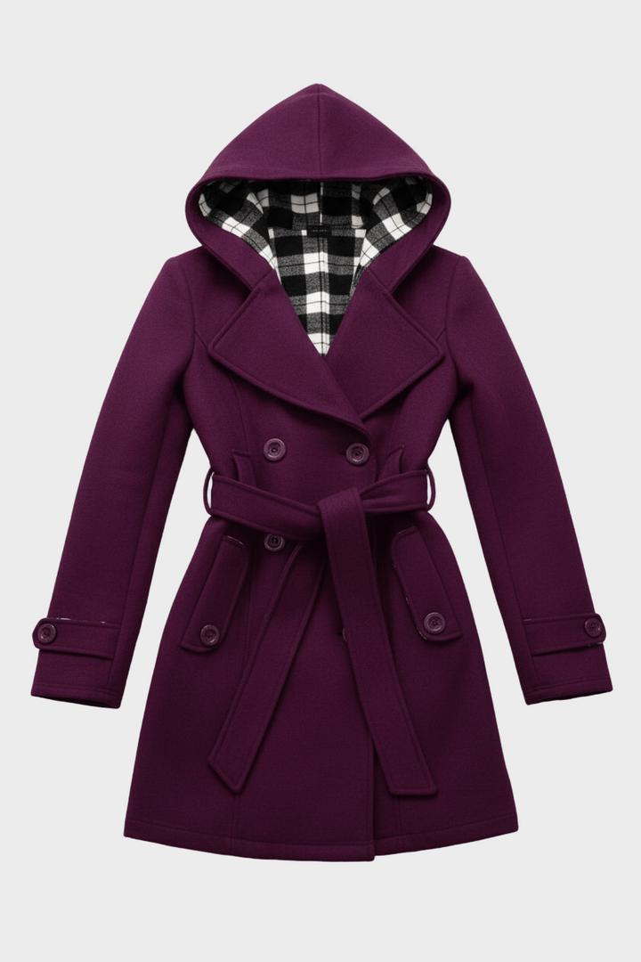 Emily & Isabella Brooks | Women's Double-Breasted Wool Blend Coat with Hood and Waist Belt