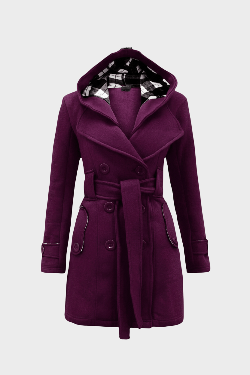 Emily & Isabella Brooks | Women's Double-Breasted Wool Blend Coat with Hood and Waist Belt