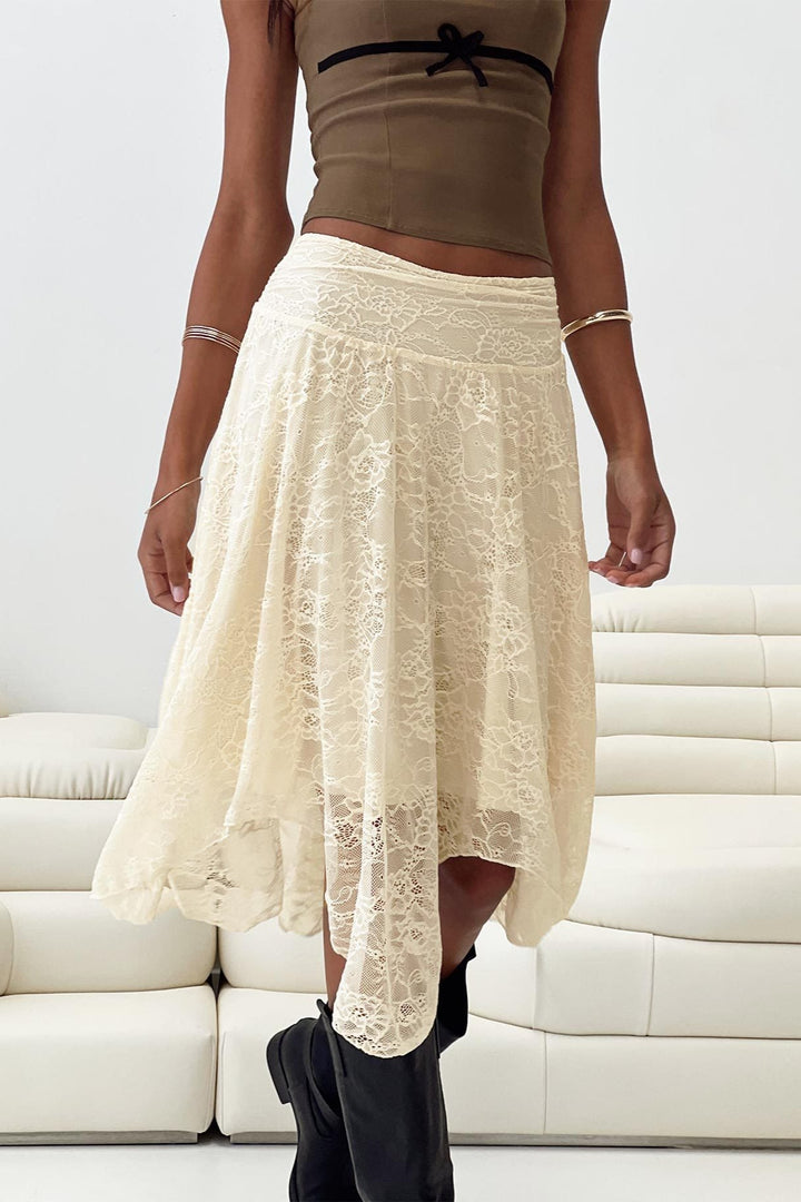 Emily & Isabella Brooks | Asymmetrical Hem Lace Detail Midi Skirt