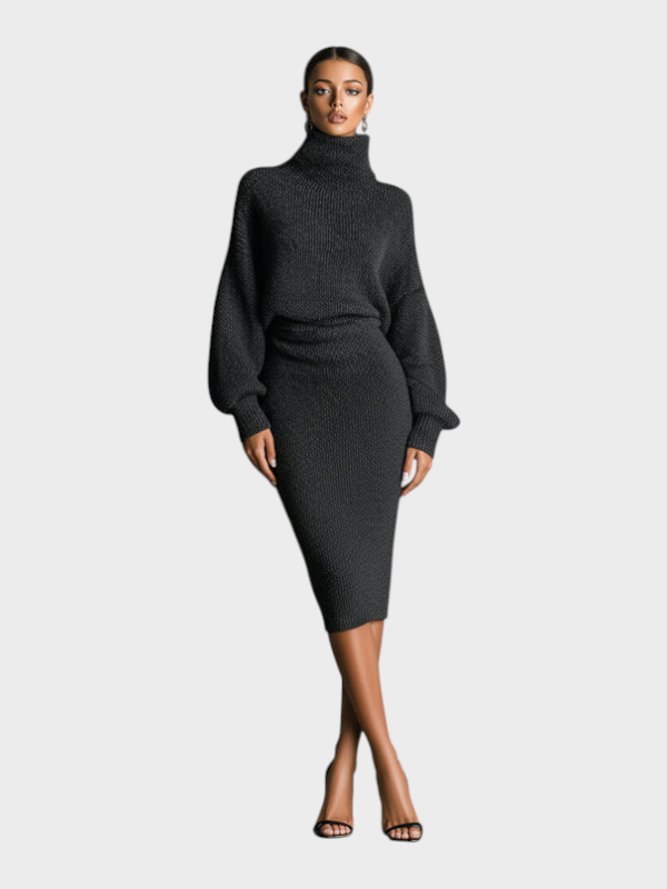 Emily & Isabella Brooks | Women's Khaki Knitted Midi Dress with High Neck and Oversized Silhouette