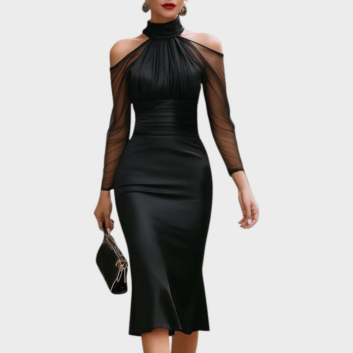 Emily & Isabella Brooks | Satin Midi Dress with Cold Shoulders