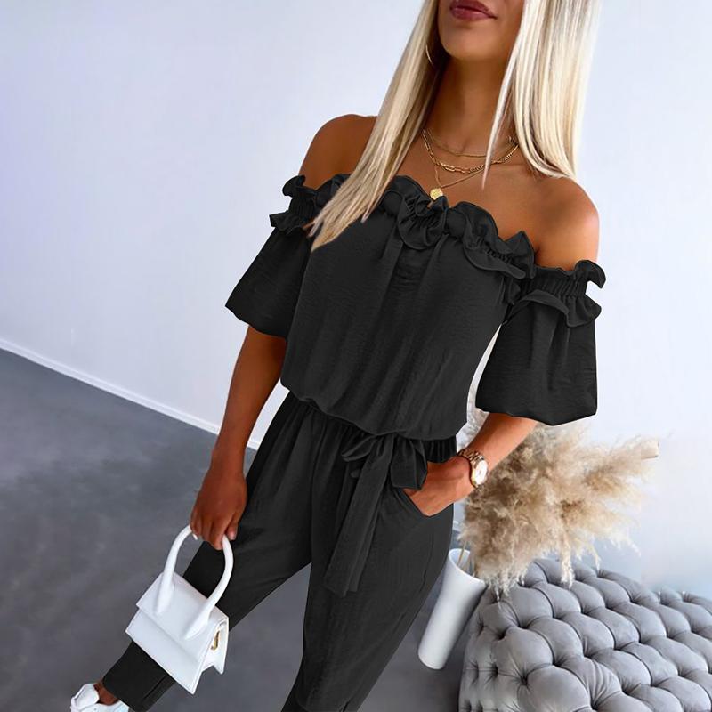 Emily & Isabella Brooks | Off Shoulder Frill Tie-Waist Jumpsuit