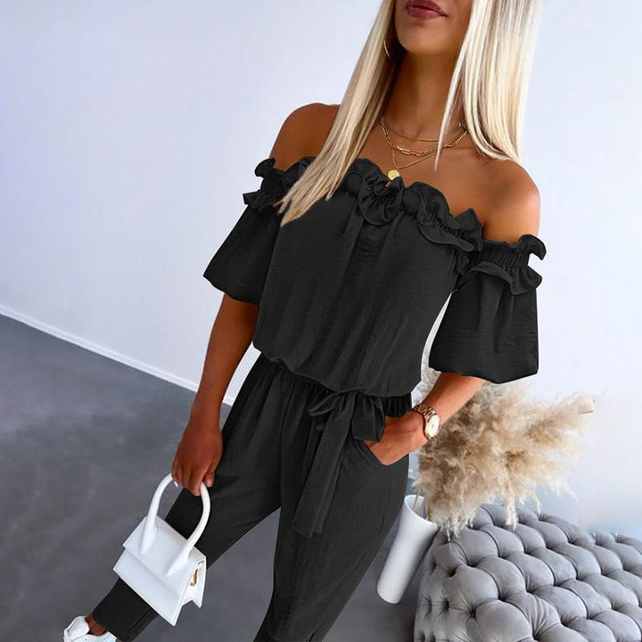 Emily & Isabella Brooks | Off Shoulder Frill Tie-Waist Jumpsuit
