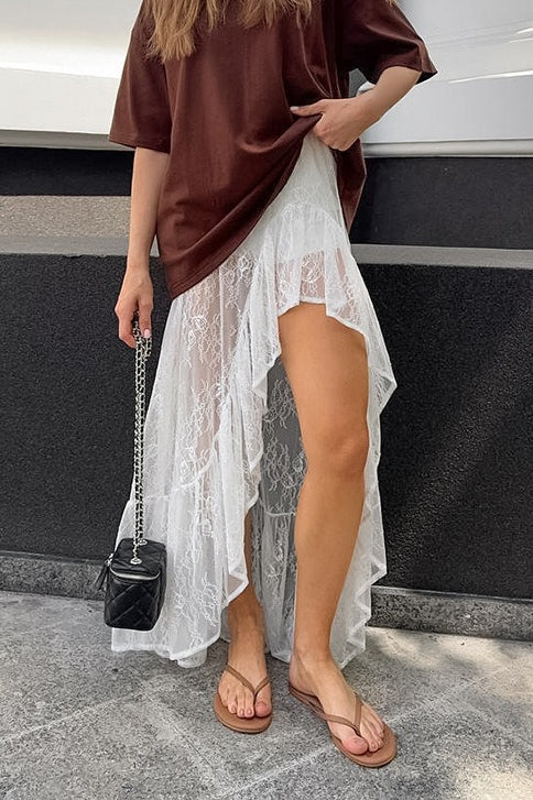 Emily & Isabella Brooks | Lace Sheer Split Ruffle Asymmetrical Skirt