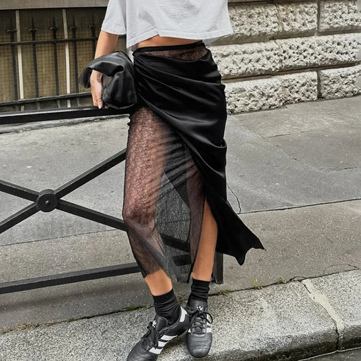 Emily & Isabella Brooks | Black Lace Sheer Midi Skirt