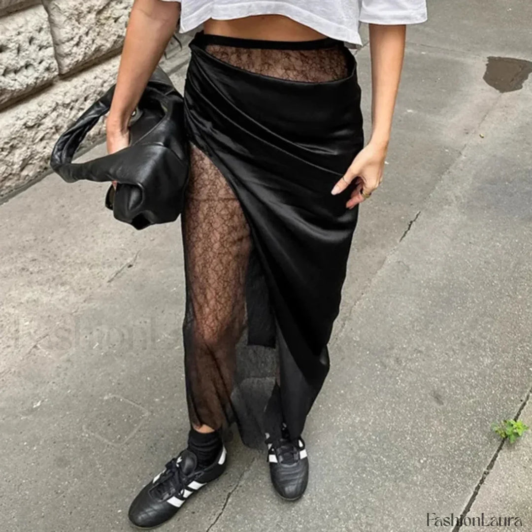 Emily & Isabella Brooks | Black Lace Sheer Midi Skirt