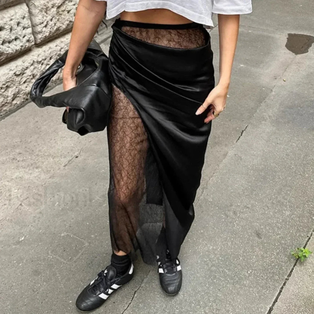 Emily & Isabella Brooks | Black Lace Sheer Midi Skirt
