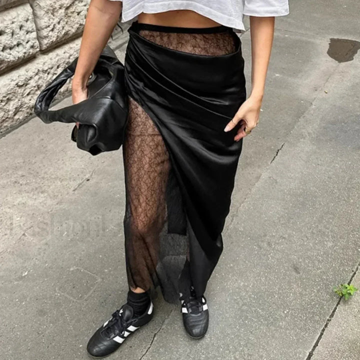 Emily & Isabella Brooks | Black Lace Sheer Midi Skirt