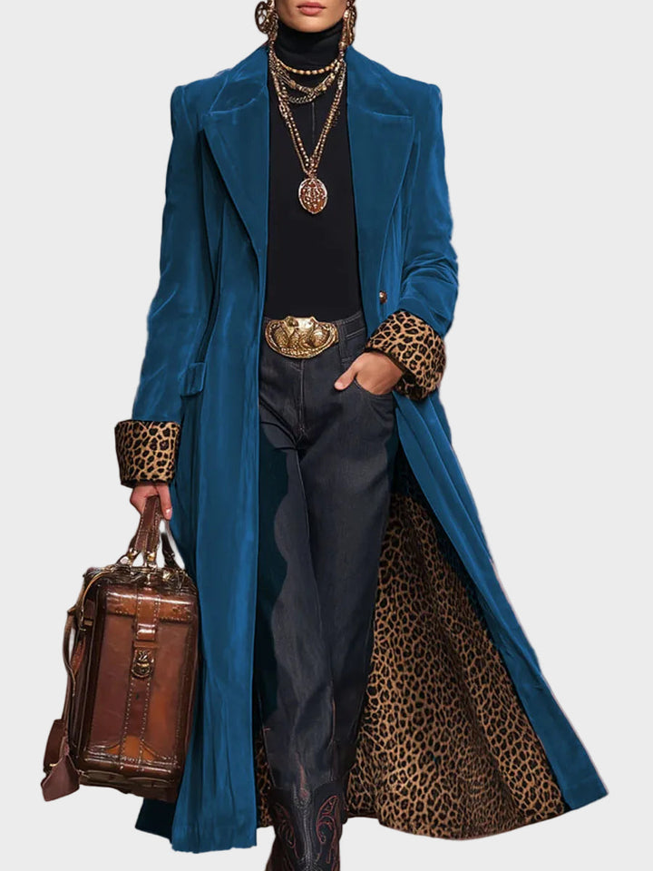 Emily & Isabella Brooks | Velvet Single-Breasted Coat with Lapel and Leopard Print