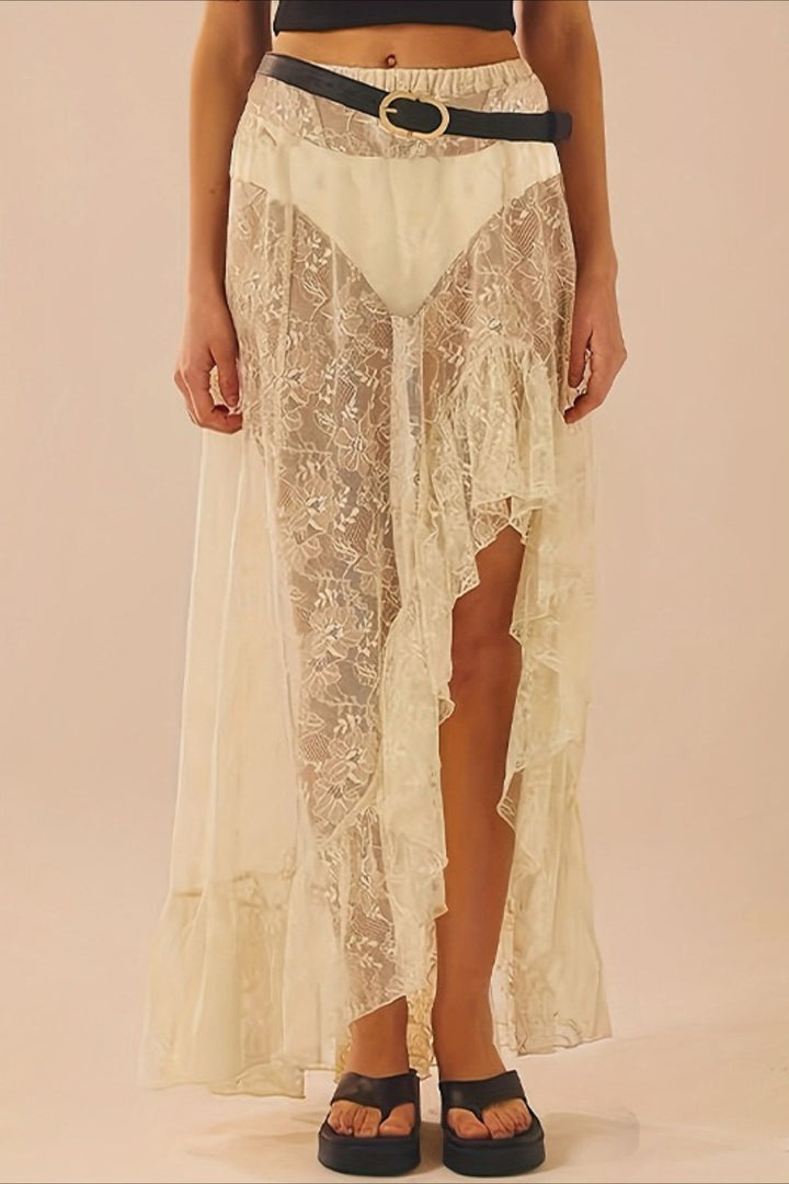 Emily & Isabella Brooks | Lace Insert High Waist Slit Asymmetrical Midi Skirt