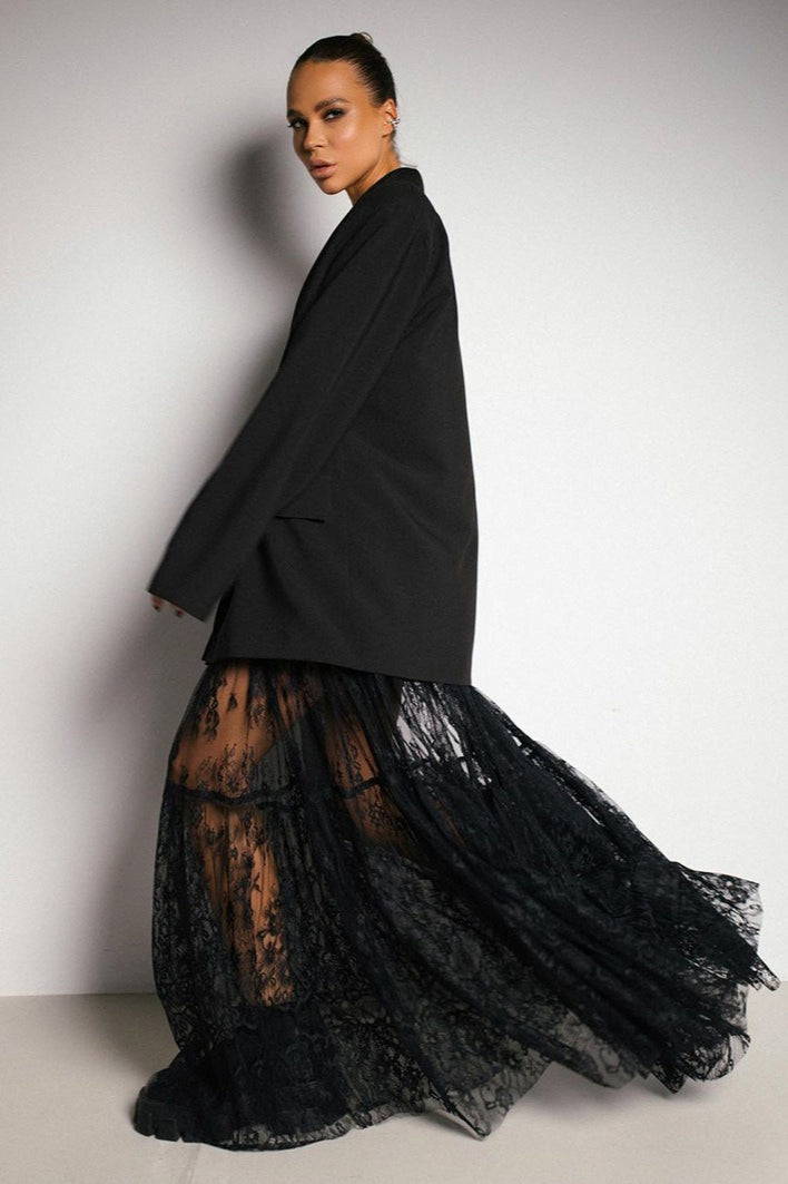 Emily & Isabella Brooks | High Waist Black Lace Sheer Skirt