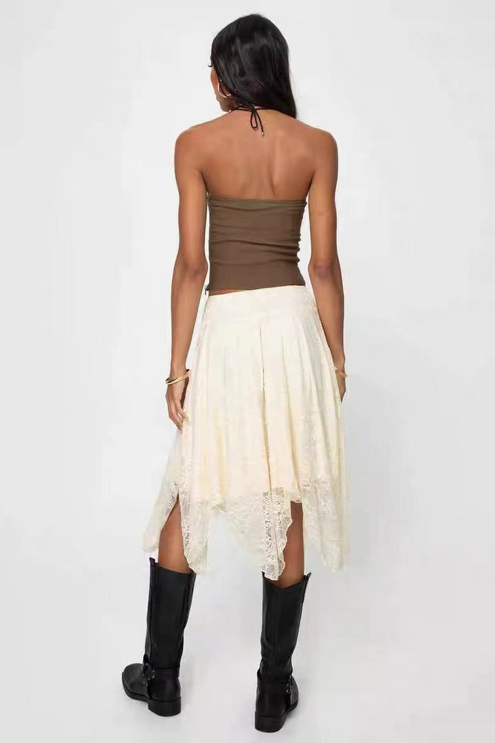 Emily & Isabella Brooks | Asymmetrical Hem Lace Detail Midi Skirt