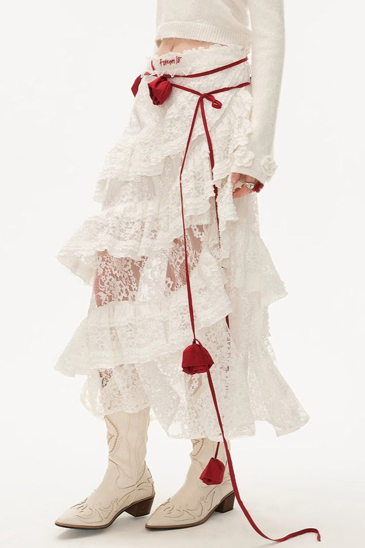 Emily & Isabella Brooks | Lace Tiered Mesh Midi Skirt