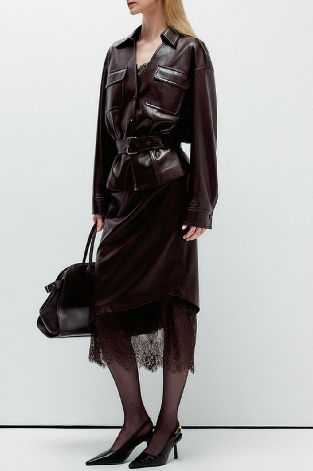 Emily & Isabella Brooks | Lace Trim Leather Skirt
