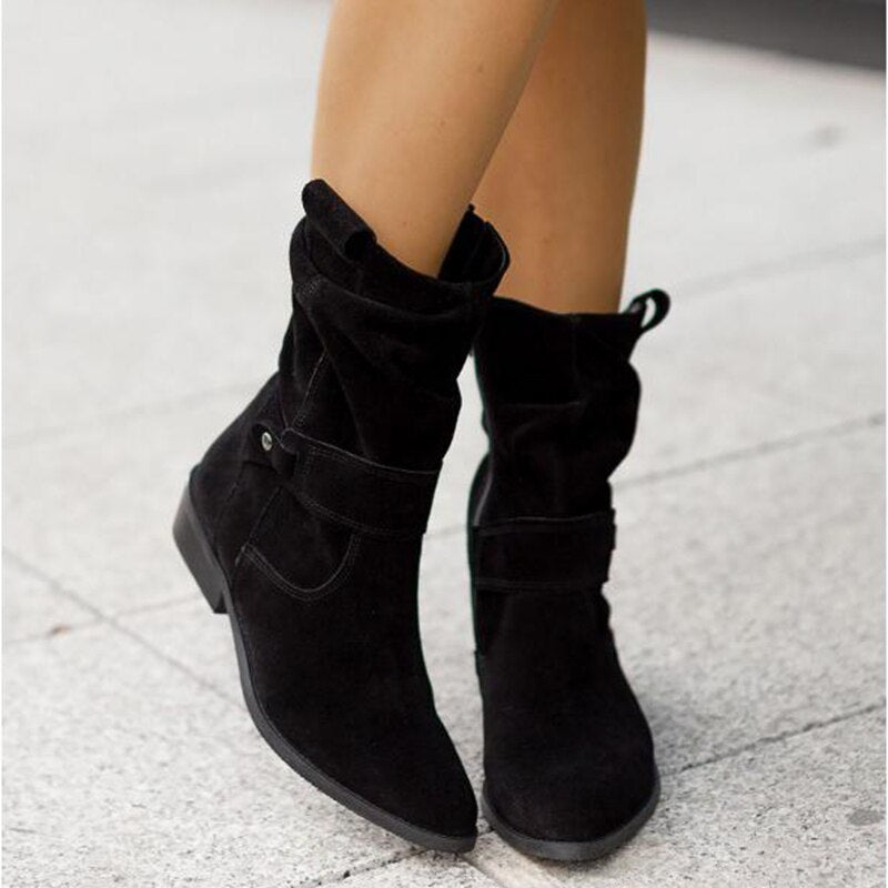 Emily & Isabella Brooks | Women's Ankle Boots - Slouched Design - Low Heel - Buckle Strap Detail