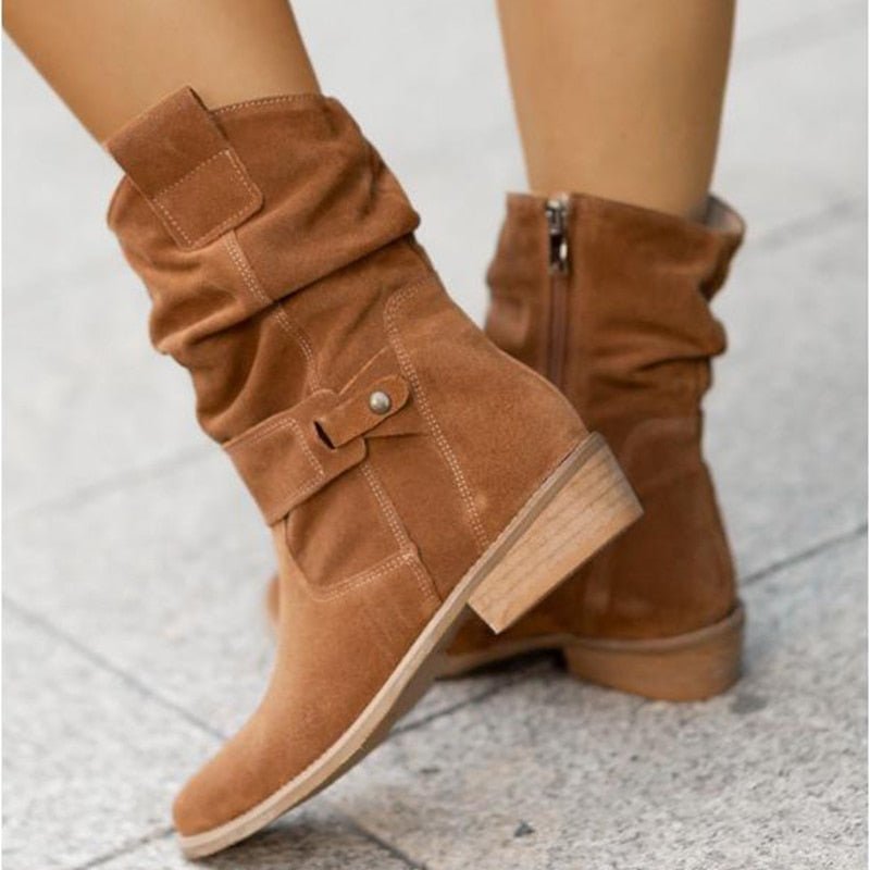 Emily & Isabella Brooks | Women's Ankle Boots - Slouched Design - Low Heel - Buckle Strap Detail