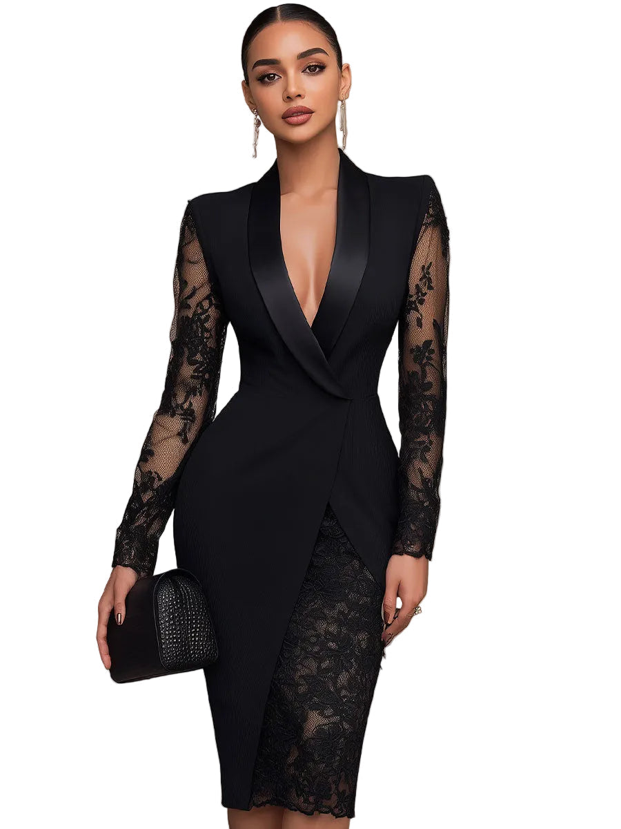 Emily & Isabella Brooks | Black Blazer-Style Lace Midi Dress