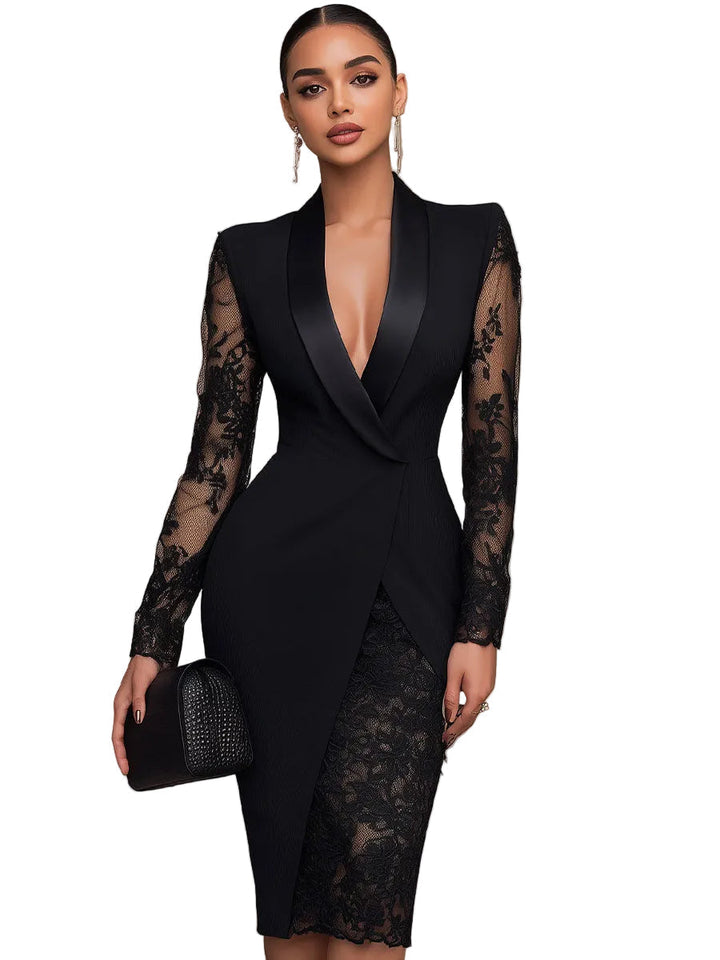 Emily & Isabella Brooks | Black Blazer-Style Lace Midi Dress