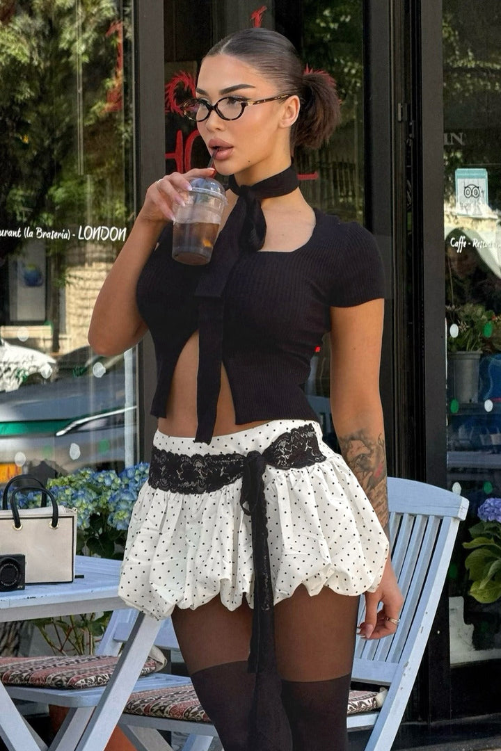 Emily & Isabella Brooks | Lace Trim Polka Dot Low Waist Skirt