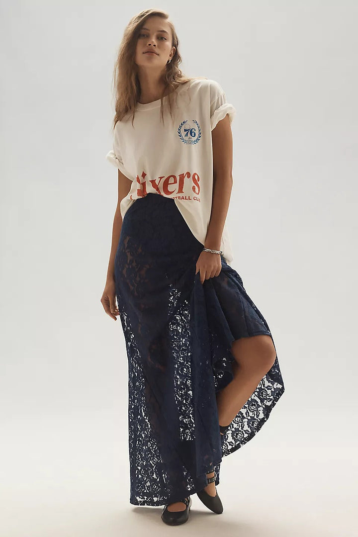 Emily & Isabella Brooks | Sheer Embroidered Lace Maxi Skirt