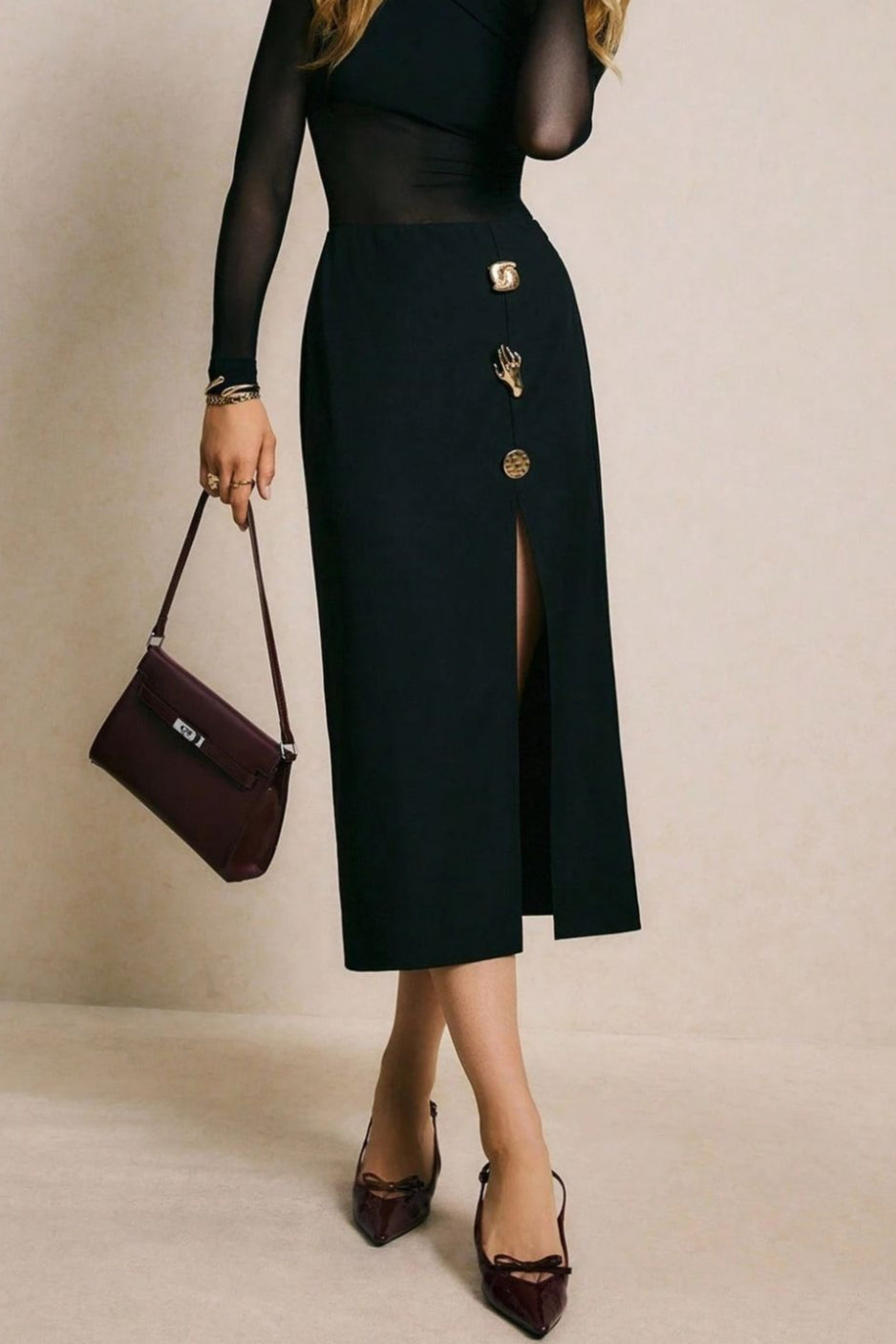 Emily & Isabella Brooks | High Waisted Slim Split Skirt with Metal Buckle
