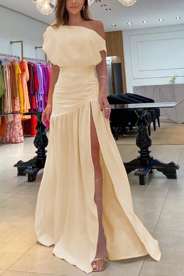 Emily & Isabella Brooks | One Shoulder Ruched Detail Slit Maxi Dress