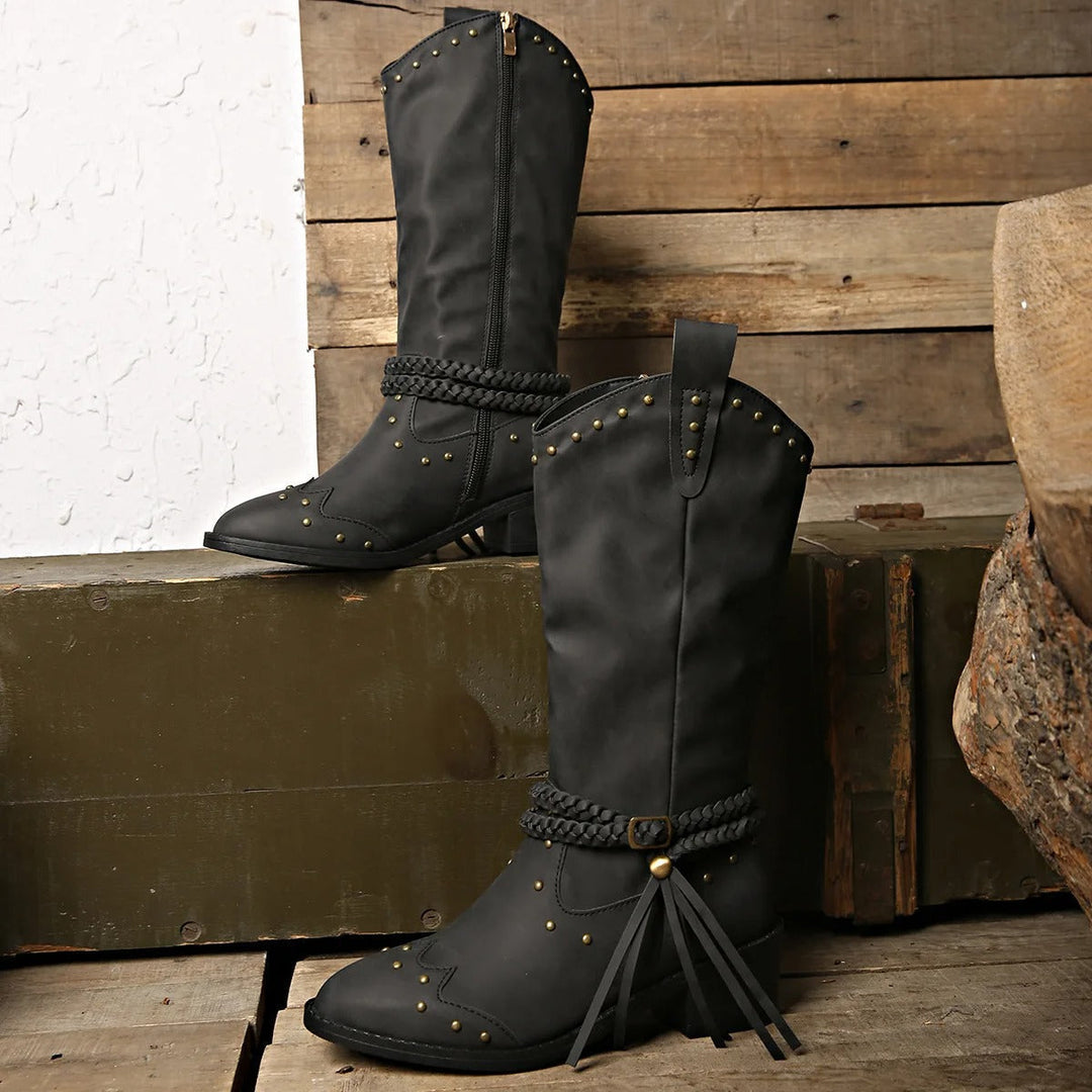 Emily & Isabella Brooks | Western Boots - Faux Leather - Studded - Braided Strap - Pointed Toe