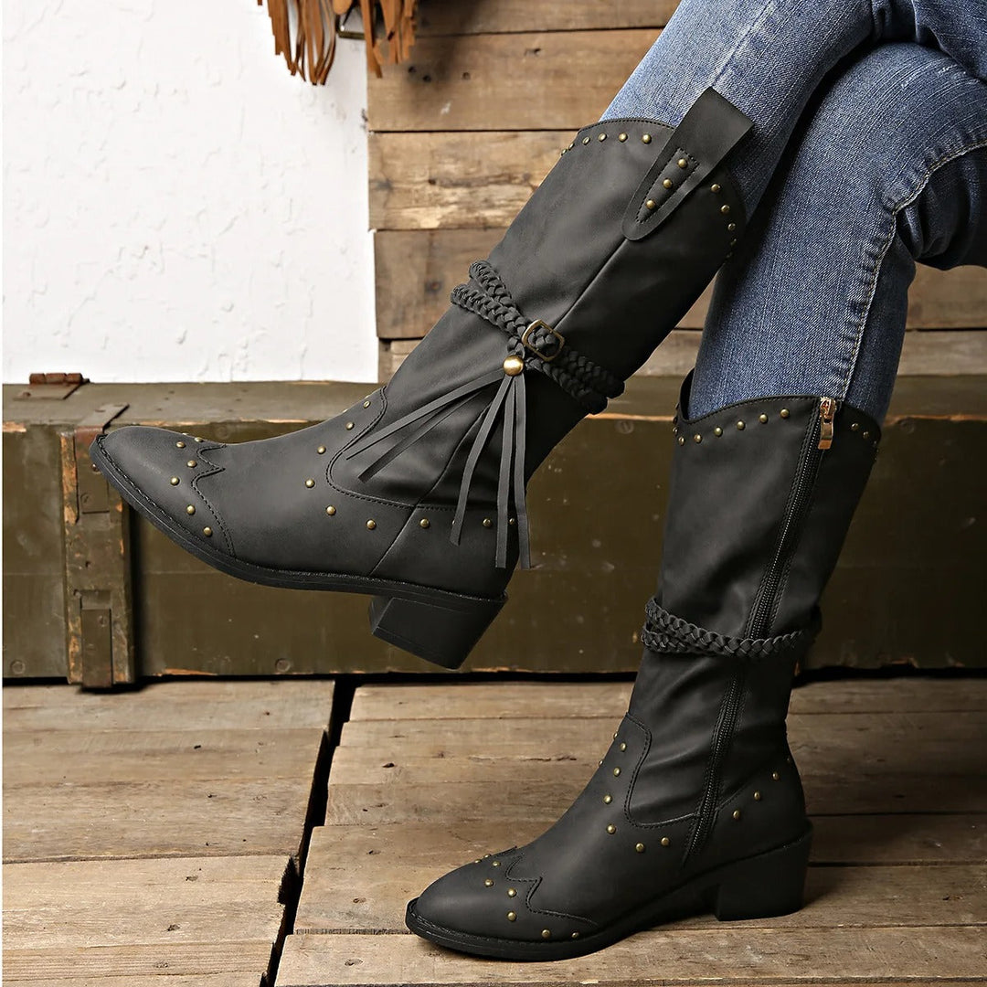 Emily & Isabella Brooks | Western Boots - Faux Leather - Studded - Braided Strap - Pointed Toe