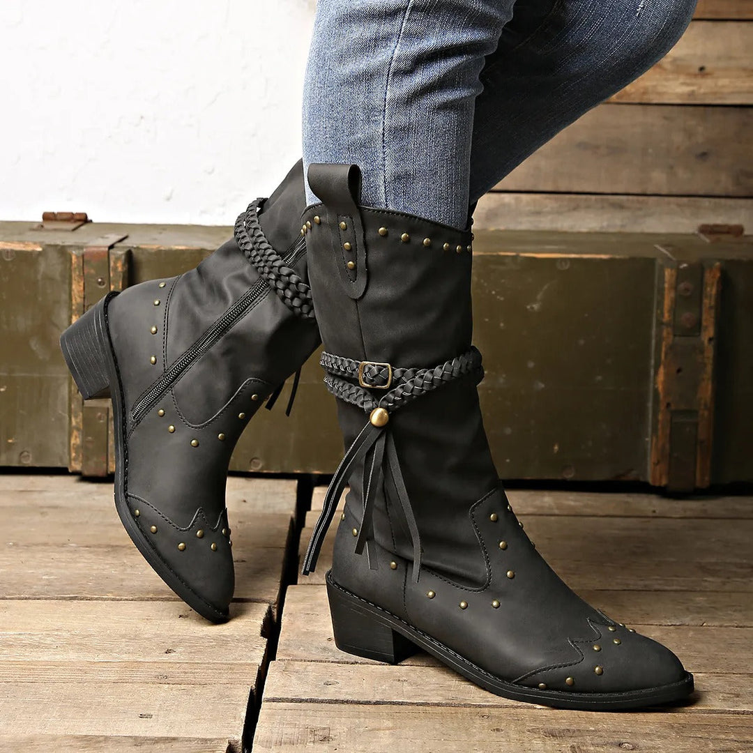 Emily & Isabella Brooks | Western Boots - Faux Leather - Studded - Braided Strap - Pointed Toe