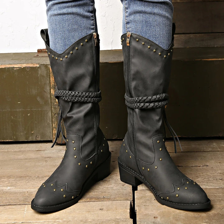 Emily & Isabella Brooks | Western Boots - Faux Leather - Studded - Braided Strap - Pointed Toe