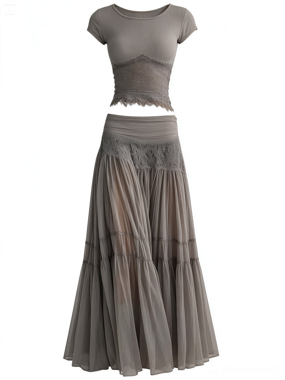 Emily & Isabella Brooks | Lace-Paneled Top and Pleated Maxi Skirt Set