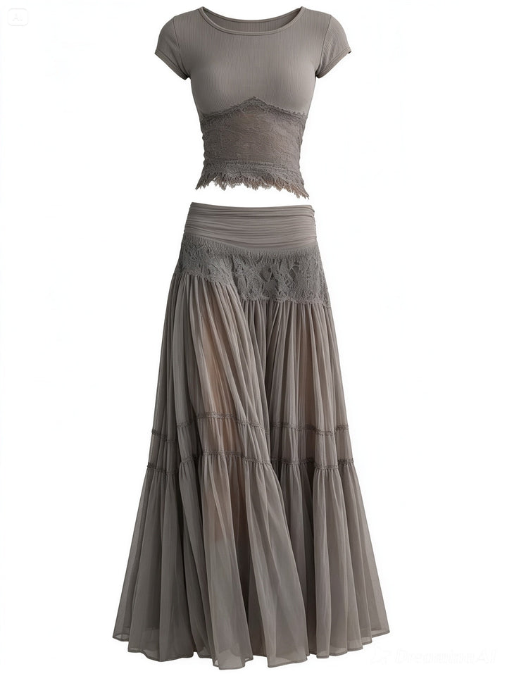 Emily & Isabella Brooks | Lace-Paneled Top and Pleated Maxi Skirt Set