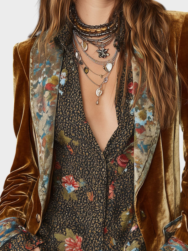 Emily & Isabella Brooks | Vintage Floral Print Blazer in Polyester Velvet