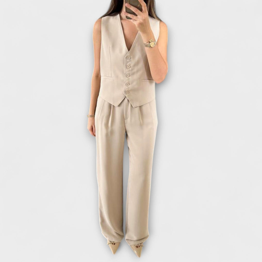 Emily & Isabella Brooks | Solid Color V-Neck Vest and Pants Two-Piece Set