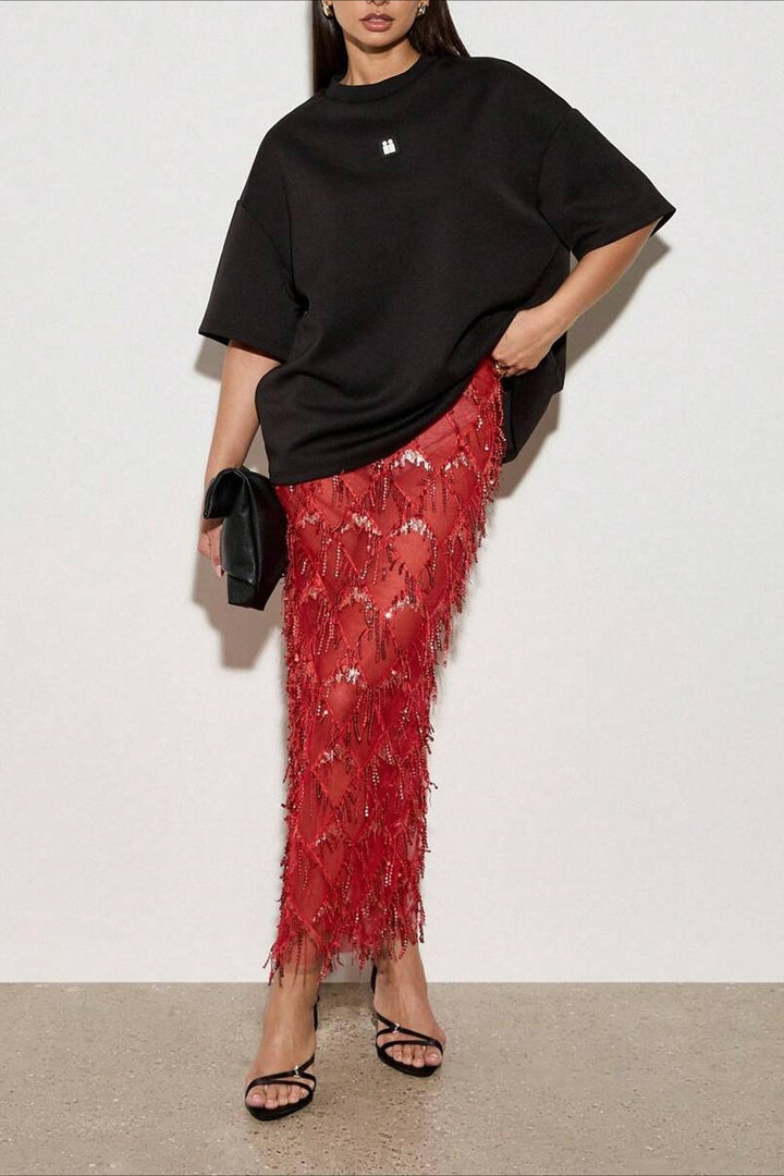 Emily & Isabella Brooks | Sequin Fringe Midi Skirt