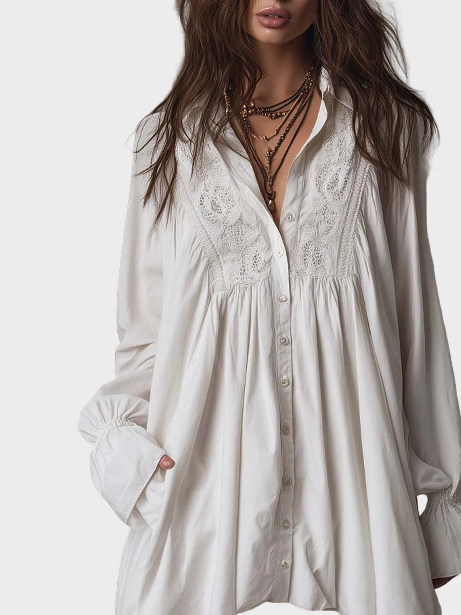 Emily & Isabella Brooks | Retro mini dress, lace, asymmetrical hem, long sleeves
