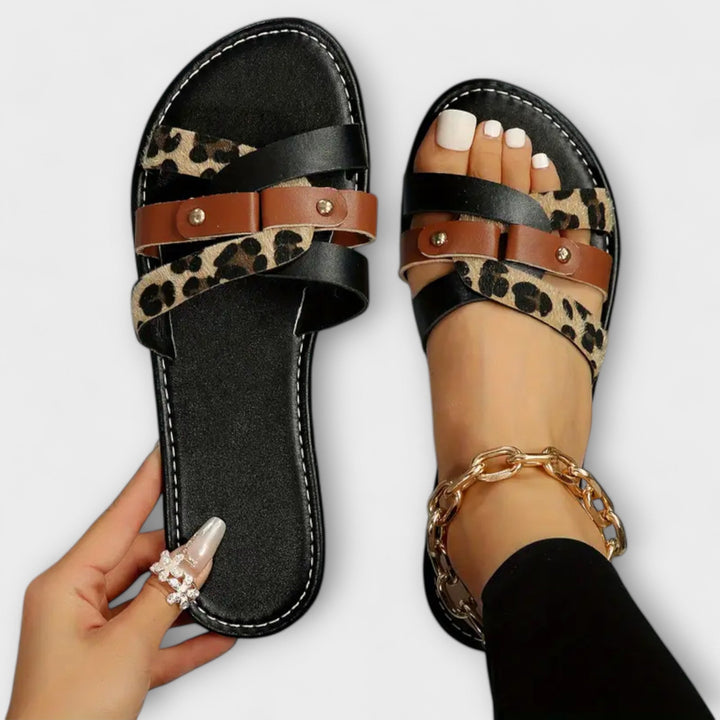 Emily & Isabella Brooks | Cross Strap Sandals in Leopard Pattern
