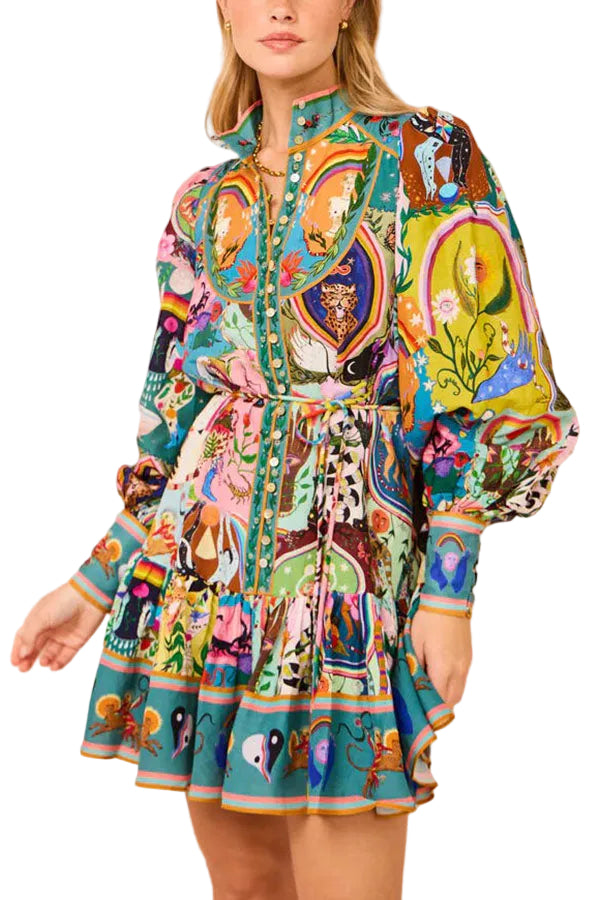 Emily & Isabella Brooks | Unique Print Balloon Sleeve Button Shirt Mini Dress