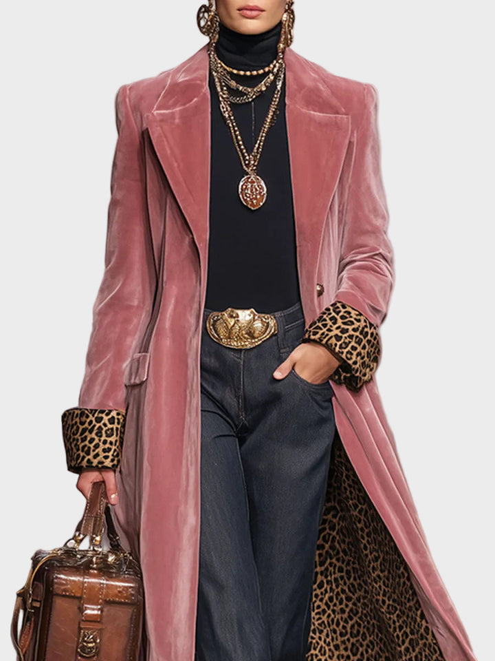 Emily & Isabella Brooks | Velvet Single-Breasted Coat with Lapel and Leopard Print