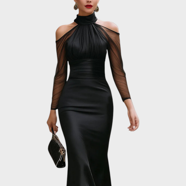 Emily & Isabella Brooks | Satin Midi Dress with Cold Shoulders