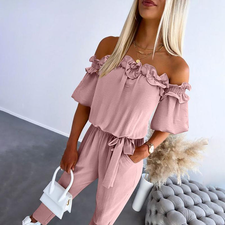 Emily & Isabella Brooks | Off Shoulder Frill Tie-Waist Jumpsuit