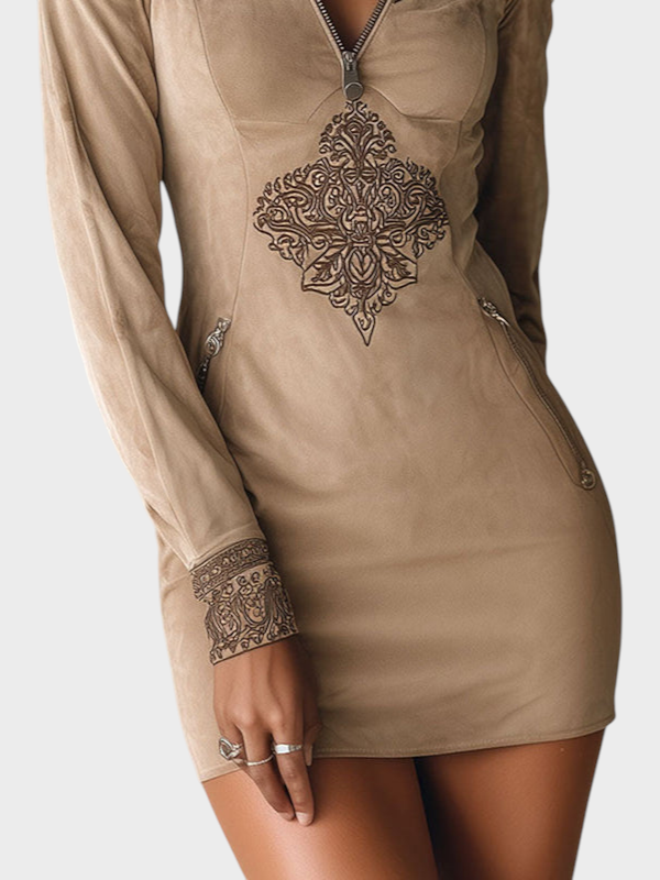 Emily & Isabella Brooks | Vintage Beige Mini Dress with Zipper, Embroidery, and Pockets