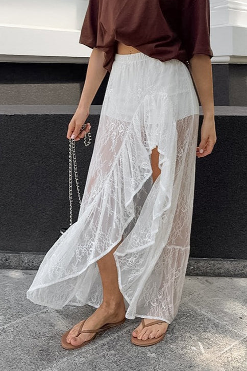 Emily & Isabella Brooks | Lace Sheer Split Ruffle Asymmetrical Skirt